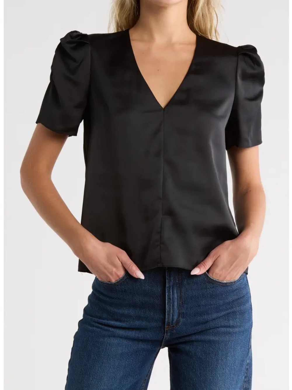 FRAME Black V-Neck Satin Puff Sleeve Top